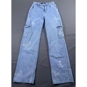 Hollister Ultra High-Rise Dad Jeans Butterfly Print Blue Cargo Denim 00R W23R